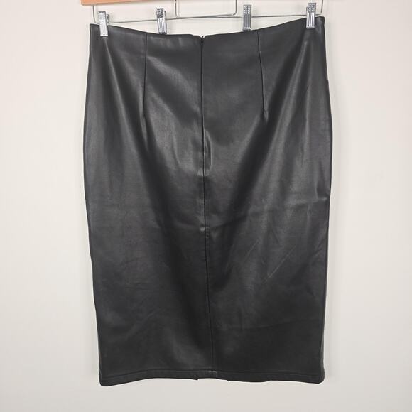 Primark Skirt Women 16 Black Faux Leather Pencil Midi High Waist Slit Minimalist - Picture 3 of 11